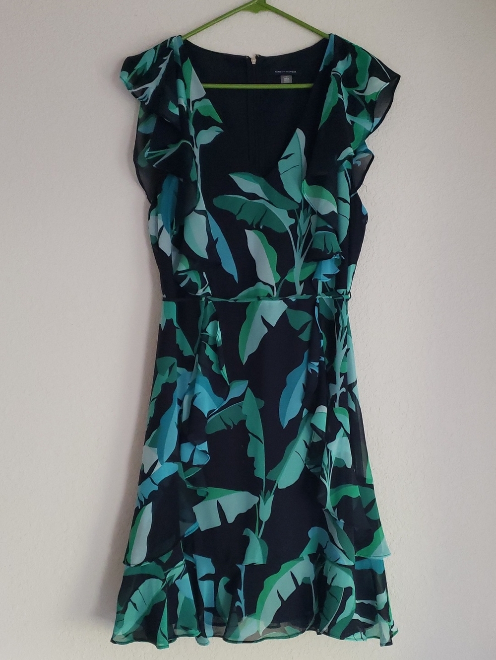 Tommy Hilfiger Navy Green Leaf Print Ruffle Dress
